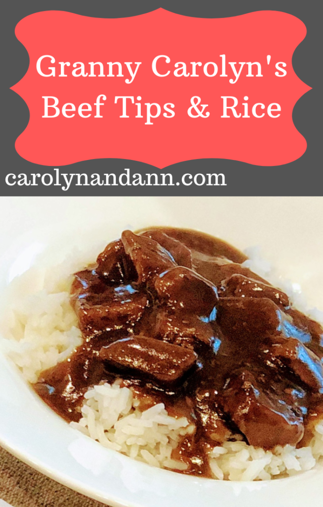 Beef tips with gravy on a bed of rice