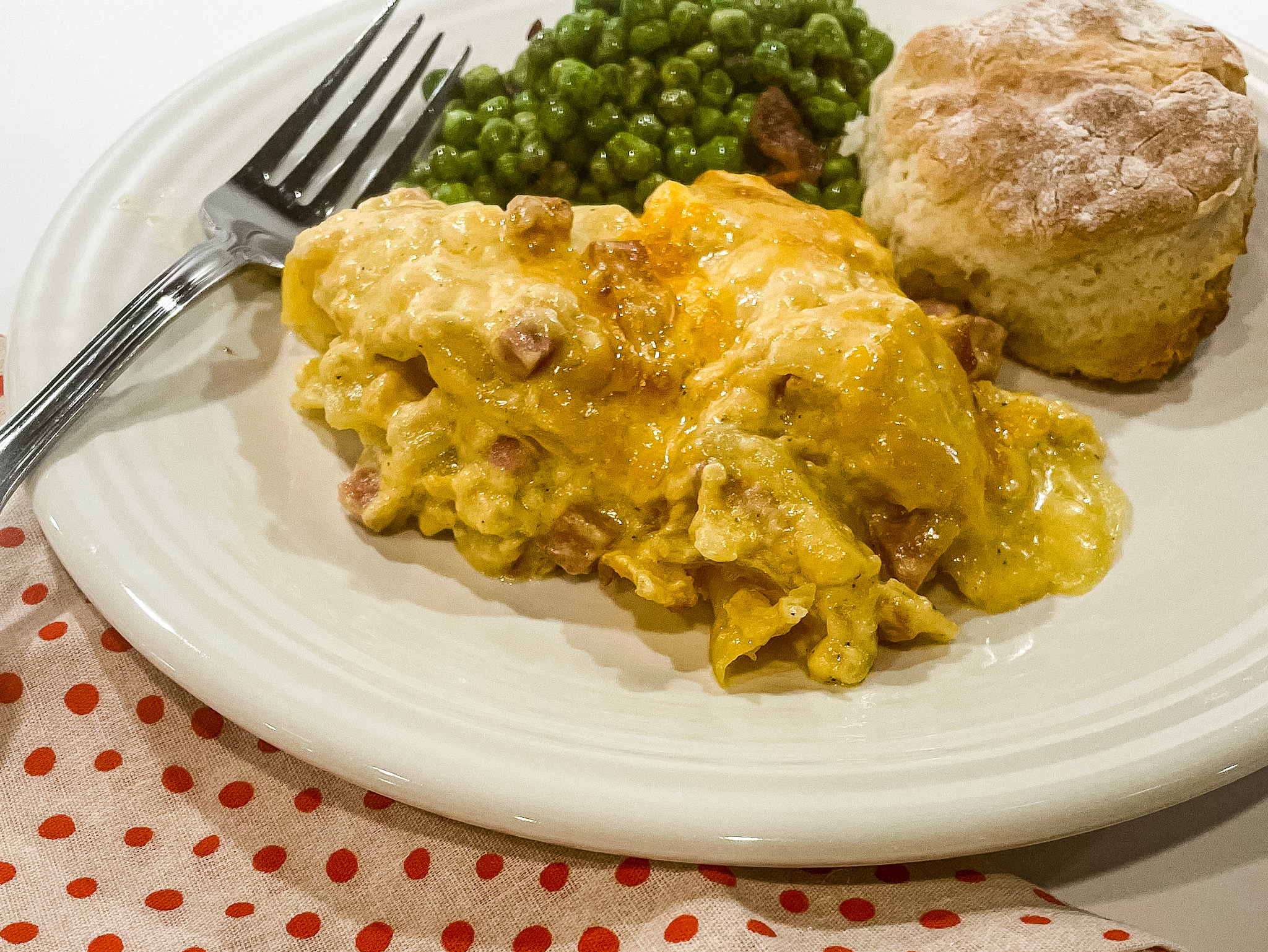 plated cheesy scalloped potato and ham casserole